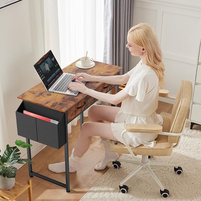 DUMOS 32-Inch Small Computer Desk with Drawers, Hook and Side Bag, Brown | Home Office Desk for Bedroom, Gaming Writing Study Desk with Adjustable Feet - Image 7