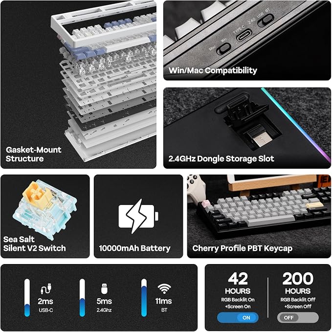 EPOMAKER TH108 PRO Full Size Mechanical Keyboard with Screen & Knob, Wireless Gaming Keyboard with 10000mAh, Creamy Gasket, Hot Swap, Custom Driver, RGB Backlight (Black, Sea Salt Silent) - Image 2