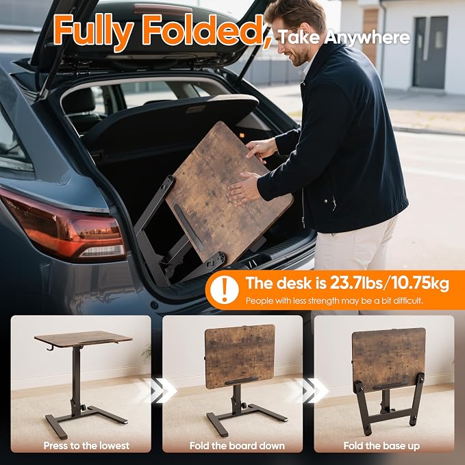 Monomi 25“ Mobile Folding Desk,Pneumatic Sit-Stand Table,No Assembly,Brown - Image 8