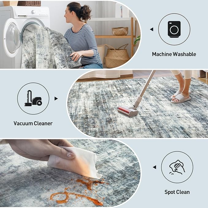 10x14 Area Rugs Washable Rug: Modern Abstract Living Room Rug Soft Anti-Skid Thin Carpet Indoor Floor Non-Shedding Carpets for Bedroom Dining Room Farmhouse Nursery Home Office Blue Multi - Image 4