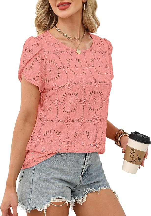 OFEEFAN Blouses for Women Dressy Casual Petal Short Sleeve Shirts Crochet Lace Boho Tops Spring Fashion Summer Outfits - Image 4