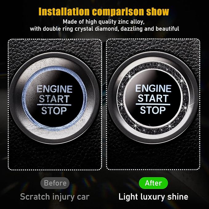 Kewucn 2 PCS Bling Crystal Double Rhinestone Car Engine Start Decoration Ring, Sparkling Push Start Button Sticker, Key Ignition & Knob Ring Decoration, Bling Car Interior Accessory(Black) - Image 3