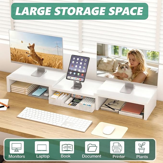 OPNICE Desk Organizer, Dual Computer Monitor Stand Riser with Drawer, Office Desk Accessories & Workspace Organizers, White - Image 7