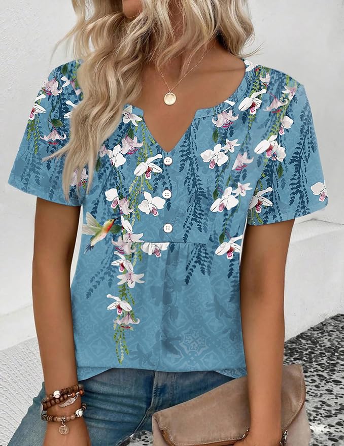 Zeagoo Womens Short Sleeve Tops Summer Henley V-Neck Tshirts Casual Pleated Blouse Dressy Loose Floral Basic Tee - Image 3