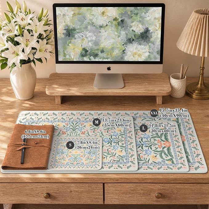 iCasso Aesthetic Desk Mat,31.5x11.8 Mouse Pads,Green Floral | Anti-Slip Mousepad with Stitched Edges, Waterproof Computer Pad, Green Desk Accessories Office Decor for Women - Image 2
