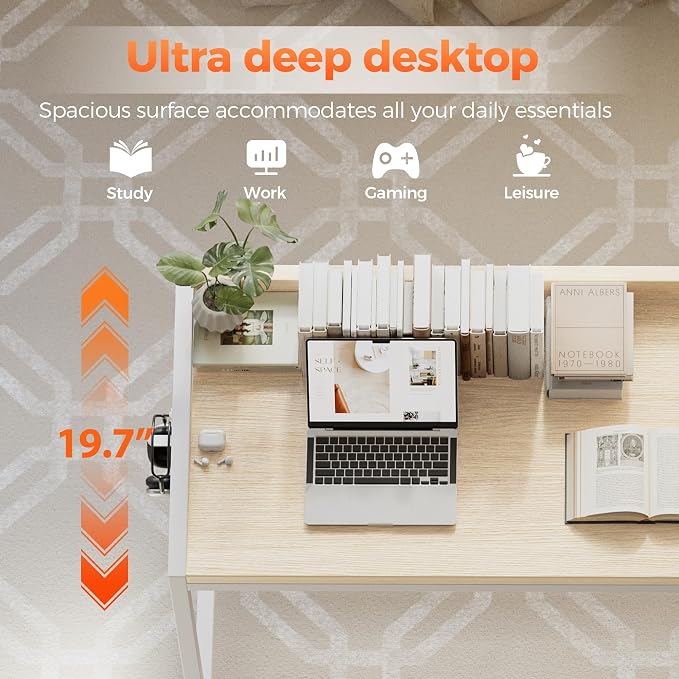Mericonia 47x20 Inch Small Computer Desk with Wheels & Rear Lip | Simple Rolling Desk, Writing Table for Home Office Bedroom Work Study, Oak - Image 5
