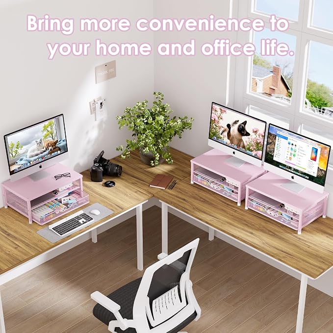 OPNICE Computer Monitor Stand Riser, Desk Organizer with Drawer, Printer & Laptop Stand, Office Desk Accessories & Workspace Desktop Organizers Storage for Office Supplies(Pink) - Image 6