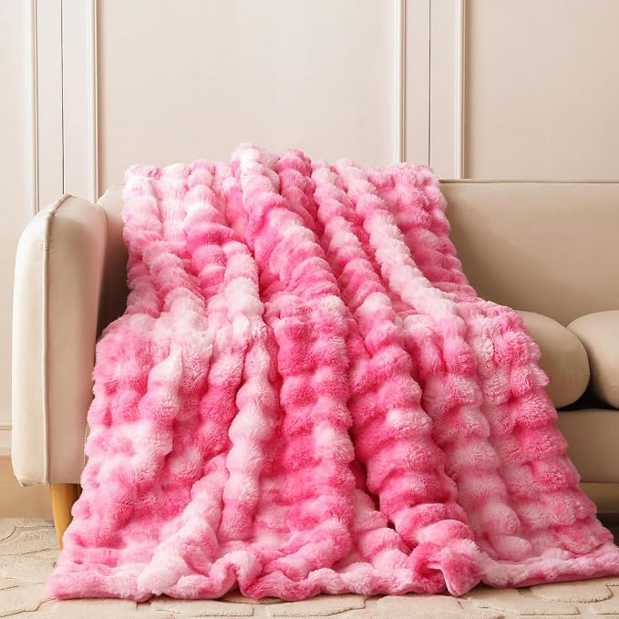 COOVA Faux Fur Throw Blanket for Couch, Cozy Soft and Fuzzy Plush Rabbit Fur Bubble Blanket for Sofa Bedroom Living Room, 50x60 Inches Tie Dye Pink - Image 2