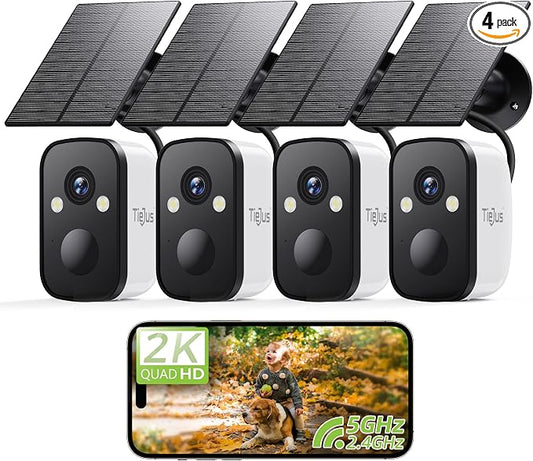 4-Pack 2K 5G Solar Security Cameras Wireless Outdoor for Home | Solar-Powered Camera for Home with Full Color Night Vision, PIR Detection, IP66/Alexa/2 Way Talk,5G/2.4GHz WiFi by Tiejus