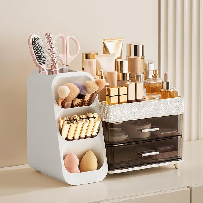 HBlife Makeup Organizer with Brush Holder for Vanity, Large Plastic Bathroom Countertop Organizer Skin Care Storage, Easy to Store Lipsticks, Nail Polishes, Perfumes, Eyeshadow Palettes, Pearl White - Image 2