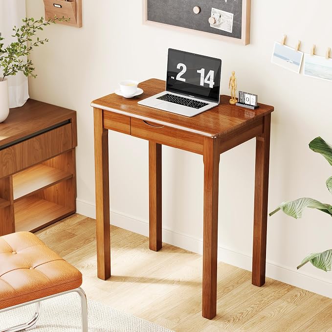 Wood Desk with Drawers - Solid Wood Mid Century Modern Desks for Bedroom, Small Computer Desk for Laptop, Study, Makeup, 23.6 W x 29.5 H x 15.7 D in, Walnut Color - Image 6