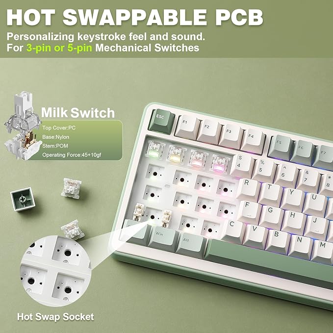 YUNZII B75 PRO 75% Wireless Mechanical Keyboard(Matcha Green,MilkV2) | Hot Swap Keyboard with Knob, Gasket Mount, Creamy Pre-lubed Switch for Smooth Typing, BT/USB-C/2.4G, for Gaming - Image 5