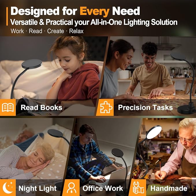 15W LED Desk Lamp with USB Charging Ports – Dimmable Table Lamp with 3 Color Temps, 5 Brightness, 4 Timers, Flexible Gooseneck Light with Base, Eye-Caring Reading Light for Home Office, Bedroom, Study - Image 7
