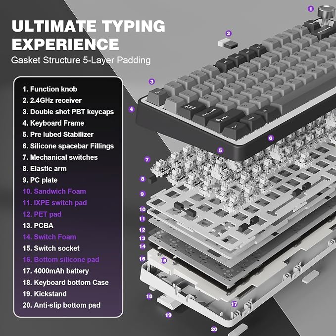 YUNZII B75 PRO 75% Wireless Mechanical Keyboard (Dark Grey,Milk Switch) | Hot Swap Keyboard with Knob, Gasket Mount, Creamy Pre-lubed Switch for Smooth Typing, BT/USB-C/2.4G, for Gaming - Image 4