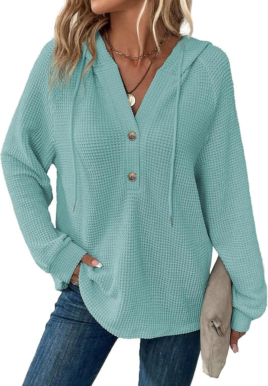 Dokotoo Hoodies for Women Waffle Knit Long Sleeve Drawstring Button V Neck Casual Sweatshirt Hooded Tops Fashion Clothing by Dokotoo