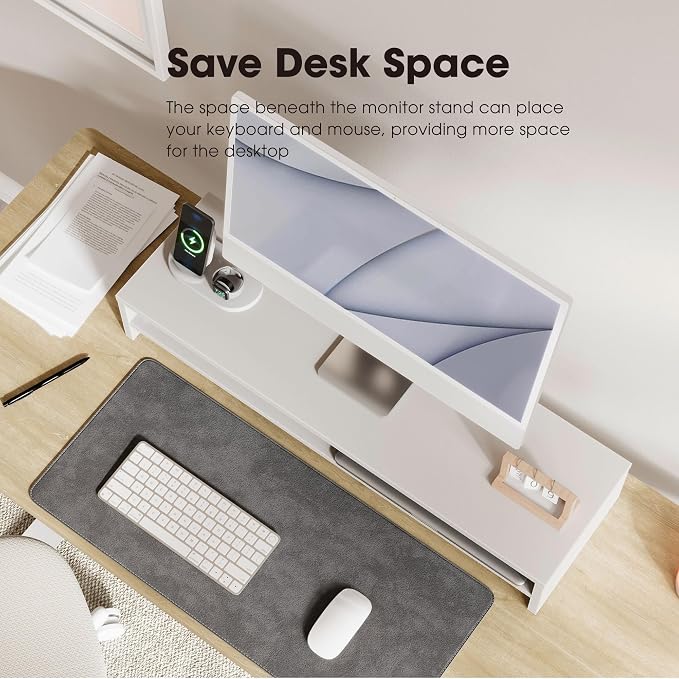 Fenge 31.5 Inch Dual Monitor Stand Riser for Desk, White | Wooden Desk Shelf, 2-Tier Open Storage Compartment, for PC Laptop Screen Printer, Home Office Desktop Organizer - Image 5