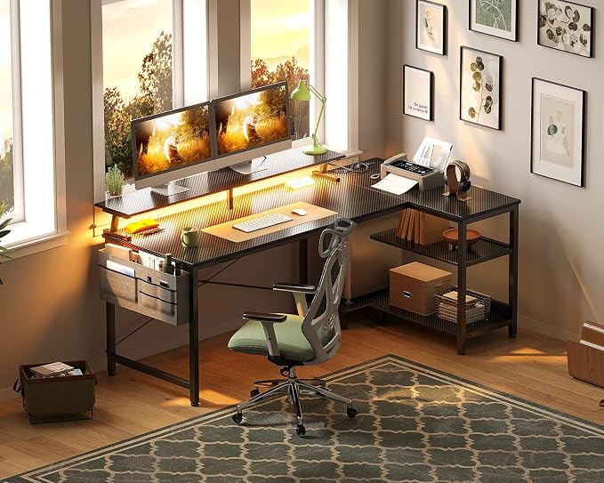 ODK 58 Inch L Shaped Gaming Desk with LED Lights, Power Outlets, Black | Adjustable Monitor Stand, Open Storage Shelves, Hanging Side Bag, PC Tower Stand, Reversible Layout for Gaming - Image 9
