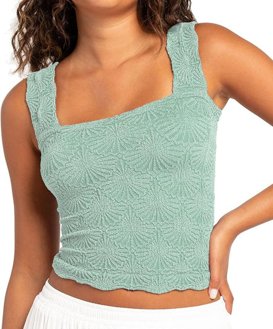 Women's Square Neck Wide Strap Crop Tank Tops Flower Going Out Tops Slim Fit Lettuce Trim Crop Cami Tops by NiceYourLife