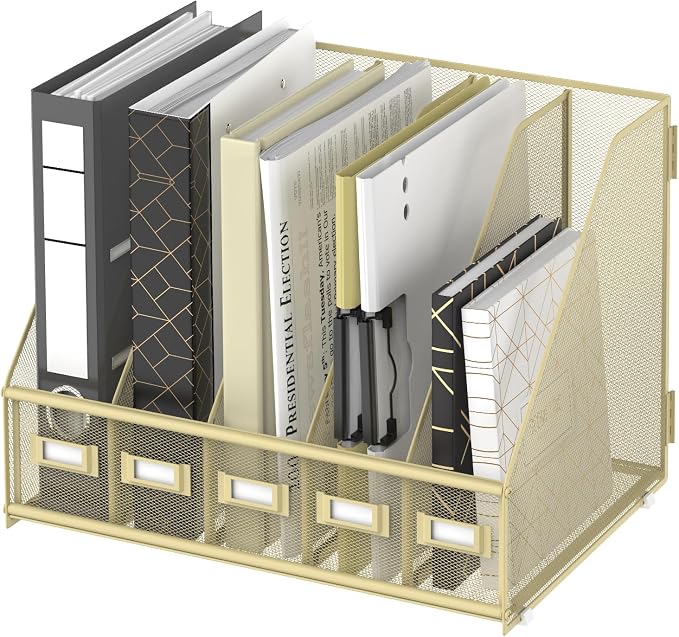 SUPEASY Desk Organizers Metal Desk Magazine File Holder with 5 Vertical Compartments Rack File Organizer for Office Desktop, Classroom, Home Workspace, Golden Yellow, Plus by SUPEASY