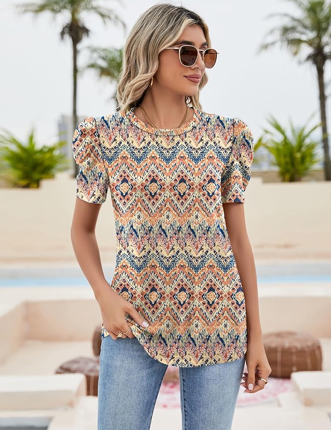 Ivicoer Puff Short Sleeve Shirt for Women Eyelet Tops Summer Crewneck Blouse Loose Fit S-XXL - Image 2