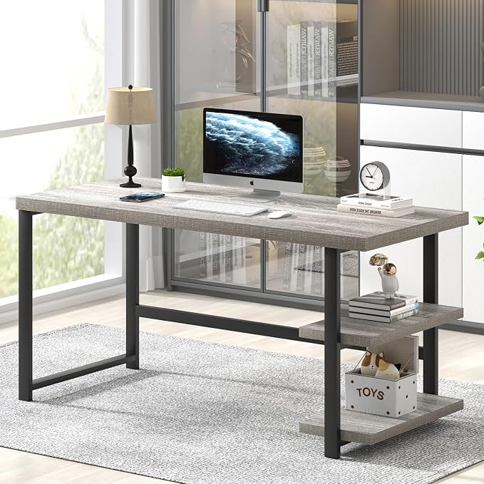 FOLUBAN Computer Desk, Modern Home Office Desk with Shelves, Wood Writing Study Gaming Table for Living Room Bedroom, Light Grey, 53 inch by FOLUBAN