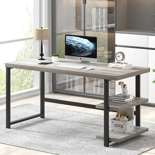 FOLUBAN Computer Desk, Modern Home Office Desk with Shelves, Wood Writing Study Gaming Table for Living Room Bedroom, Light Grey, 53 inch by FOLUBAN