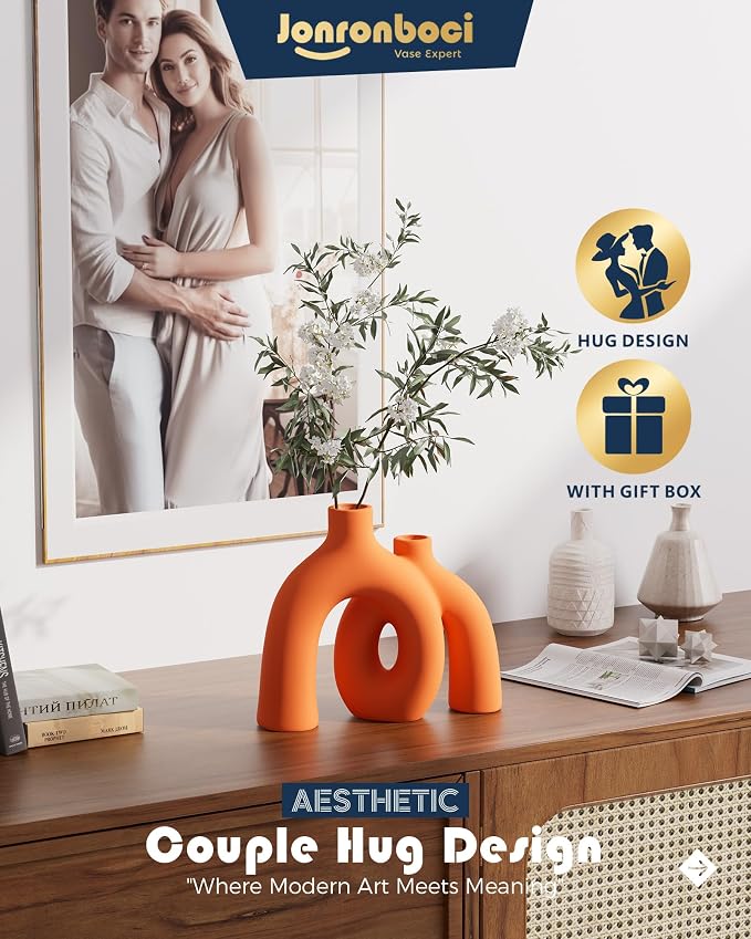 Hug Donut Decorative Vase Set - Modern Vases Home Decor, Decorative Vase for Bookshelf, Entryway Table, Dining Table Centerpiece, Mantle or Fireplace Decor, Console (Orange) - Image 2