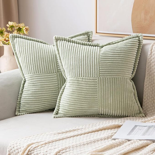 MIULEE Spring Decorative Throw Pillow Covers for Couch Bed Livingroom 16x16 Inch Set of 2 Light Green Boho Accent Throw Pllows Broadside Striped Patchwork Soft Corduroy Summer Pillowcases by MIULEE