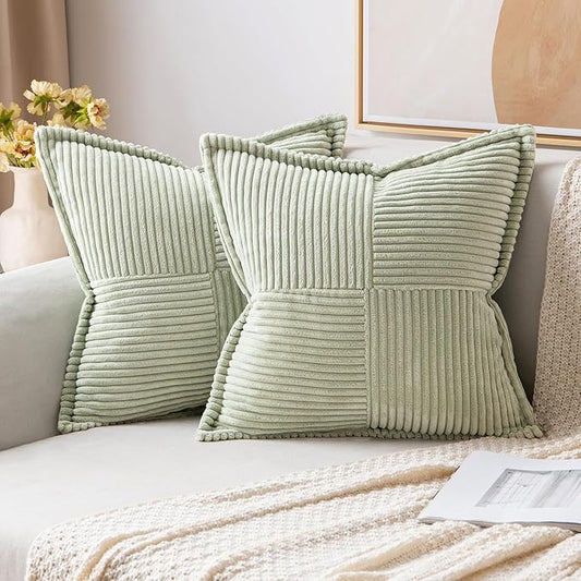 MIULEE Spring Decorative Throw Pillow Covers for Couch Bed Livingroom 20x20 Inch Set of 2 Light Green Boho Accent Throw Pllows Broadside Striped Patchwork Soft Corduroy Summer Pillowcases by MIULEE