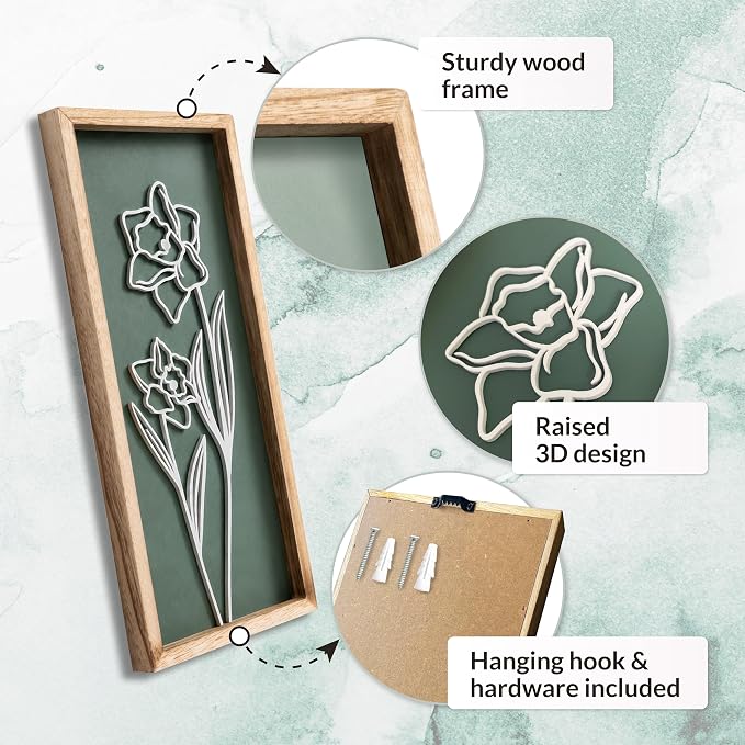 3D Floral Green Wall Art (Set of 2) Lightweight, Wooden Ready-to-Hang Boho Framed Wall Art for Bathroom, Bedroom, Living Room or Office – Premium Sage Green Farmhouse Decor – Gift-Boxed - Image 5