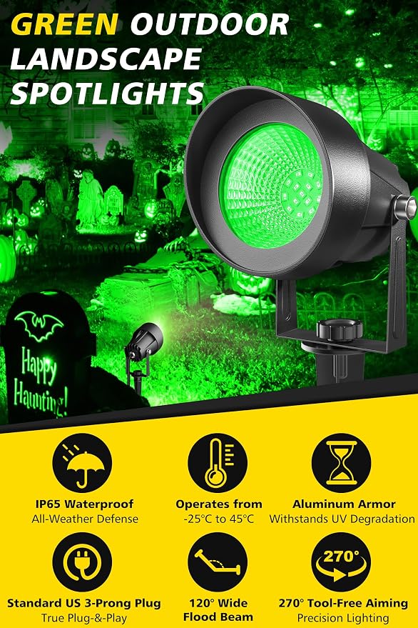 T-SUN Green Spotlight Outdoor, Waterproof LED Landscape Lighting with US Plug, Easy Install 270° Adjustable Outdoor Spot Lights for Garden Tree Yard Decor - Image 2