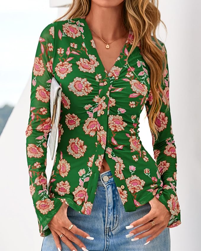 BTFBM Button Down Shirts for Women 2026 Fall Boho Tops V Neck Long Sleeve Blouses Ruched Mesh Fitted Fashion Clothing - Image 2