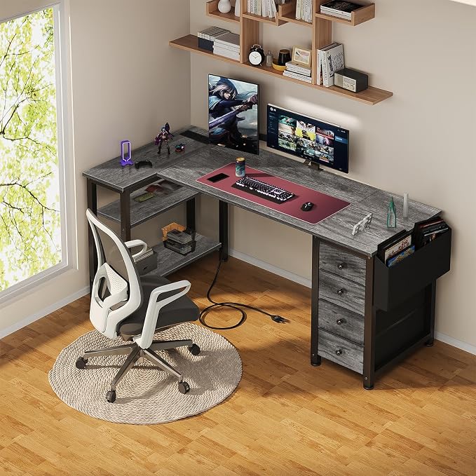 Lufeiya L Shaped Gaming Desk with Drawers & Storage Shelves, 55 Inch Corner Computer Desk with Power Outlet for Home Office Bedroom, L-Shaped Teen PC Desks with Fabric Drawer, Gray - Image 2