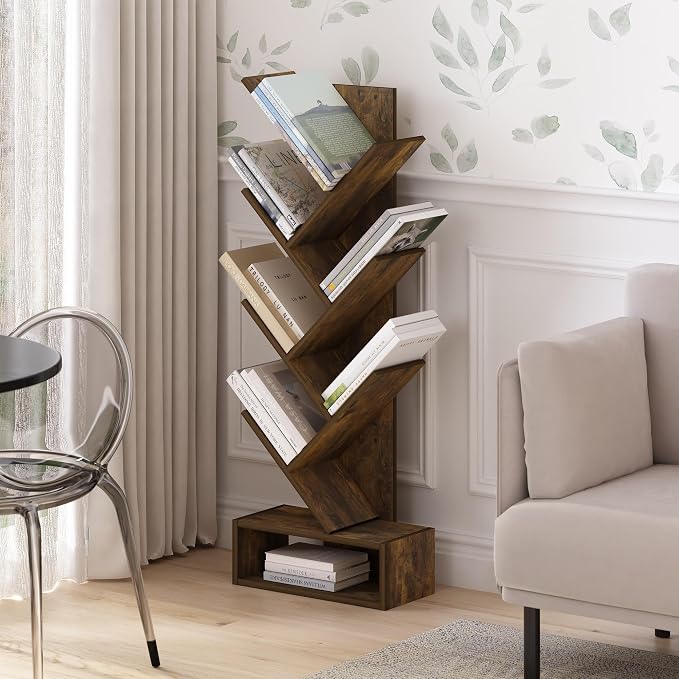 Furinno Tree Book Shelf, 7-Tier Bookshelf, Tree Bookcase with Bottom Shelf, 8.4 x 16.9 x 46.2, for Living Room, Bedroom, Home Office, Amber Pine - Image 2