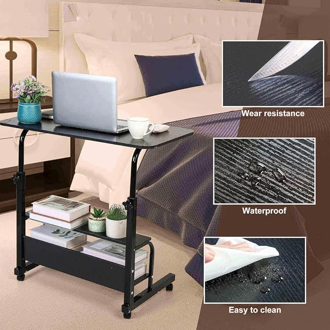 Adjustable Height Mobile Computer Desk for Small Space Rolling Table with Wheels Desk Home Office Study Desk Portable for Bedrooms Work Size 31.5x15.7 Inch Black with Storage Gaming Table B - Image 5