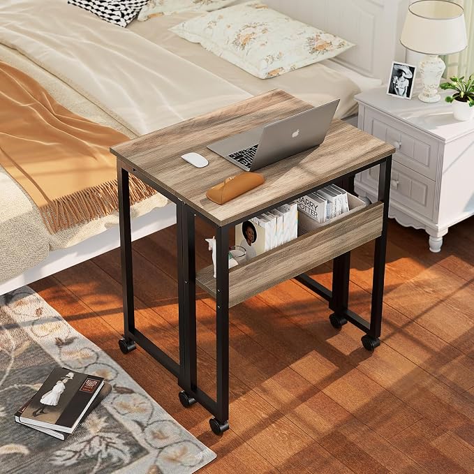GreenForest Folding Desk with Wheels, 24.8" Rolling Table for Small Spaces | Storage Shelf, Lockable Casters, Compact Portable Workstation, Space-Saving Foldable Sofa Table, Home Office, Mobile, Grey - Image 2