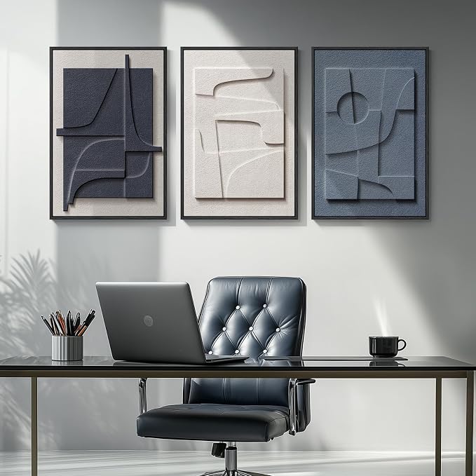 3D Textured Framed Blue and White Abstract Wall Art, 3 Piece Modern Artwork for Walls, Minimalist Navy Blue Geometric Wall Paintings for Living Room, Bedroom, Dining Room, Office Wall Decor 16x24 In - Image 5