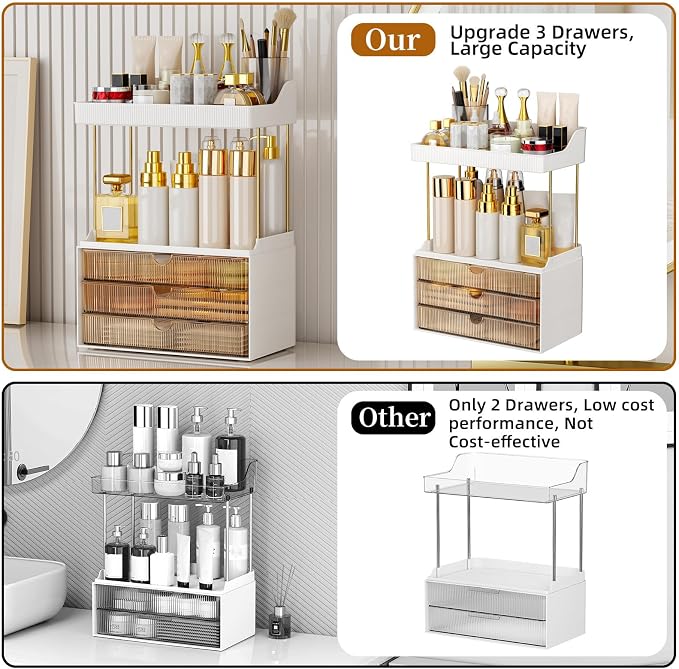 StorBin Arcylic 5-Tier Makeup & Skincare Organizer for Vanity, Bath | Smooth 3 drawers, clear body, gold frame, non-slip, for perfumes, serums, face masks, palettes, vanity & bath counter,Amber - Image 7
