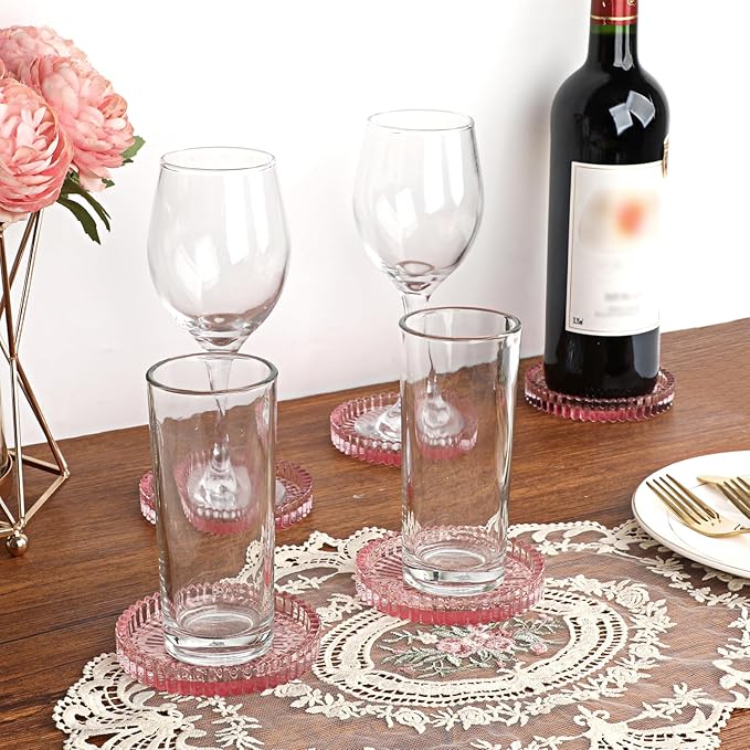 Modern Clear Coaster Set of 5- Glass Coasters for Drinks Crystal Coasters Round Cup Coaster Coffee Table Decor for Office, Kitchen, Bar, Dining Room, Living Room, Patio(Clear Pink) - Image 2