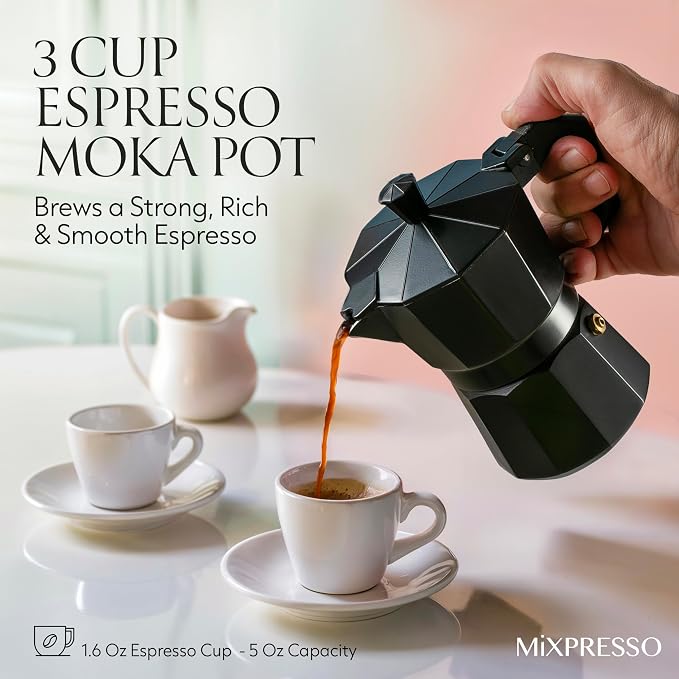 Mixpresso 3 Cup Moka Pot Stovetop Espresso Maker, Italian Cuban Coffee Pot | 5oz aluminum Italian coffee maker for gas and electric stovetops, small design for traditional coffee at home, Mug 4.4 Oz - Image 7