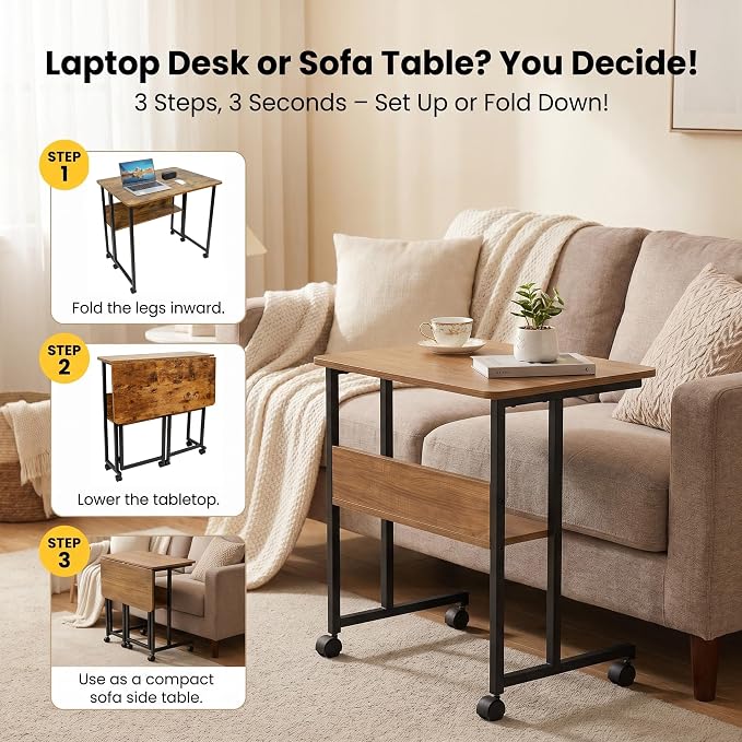 Mobile Foldable Desk w/Wheels and Feet Pads, Foldable Computer Desk, Folding Desk, Small Computer Desk for Small Spaces, Folding Table for Office Bedroom Living Room-Rustic Brown - Image 4