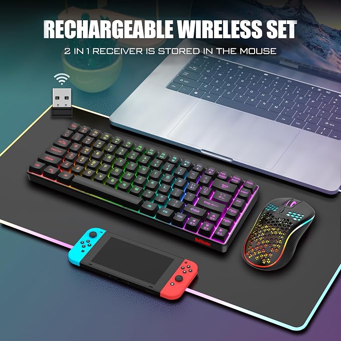 RedThunder K84 Wireless Keyboard and Mouse Combo, Rainbow Backlit Rechargeable Battery, 75% Layout TKL Ultra Compact Gaming Keyboard & Lightweight 3200 DPI Honeycomb Optical Mouse (Black) - Image 2