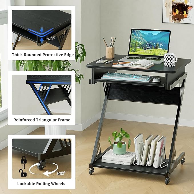 ALISENED Computer Desk for Small Spaces Compact Desk with Keyboard Tray | 23.6" Z-Shaped, with Wheels and Bottom Shelves, for Home Office, Computer Cart Mobile Laptop Cart, Black - Image 6