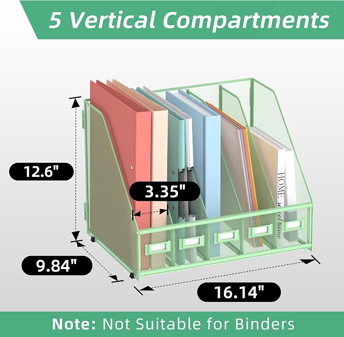 SUPEASY Desk Organizers Metal Desk Magazine File Holder with 5 Vertical Compartments Rack File Organizer for Office Desktop, Classroom, Home Workspace, Green - Image 2