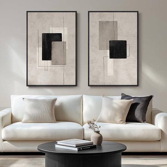 Large Framed Neutral Abstract Wall Art for Living Room, Set of 2 Black and Beige Modern Canvas Prints Paintings Artwork for Walls, Minimalist Block Lines Pictures for Hallway Office Wall Decor 24x36 In by Cuspin