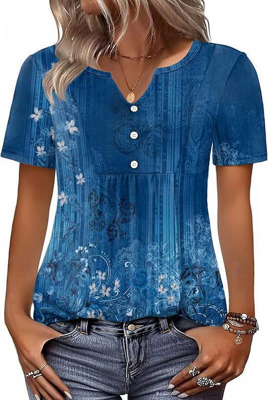 Zeagoo Womens Short Sleeve Tops Summer Henley V-Neck Tshirts Casual Pleated Blouse Dressy Loose Floral Basic Tee by Zeagoo