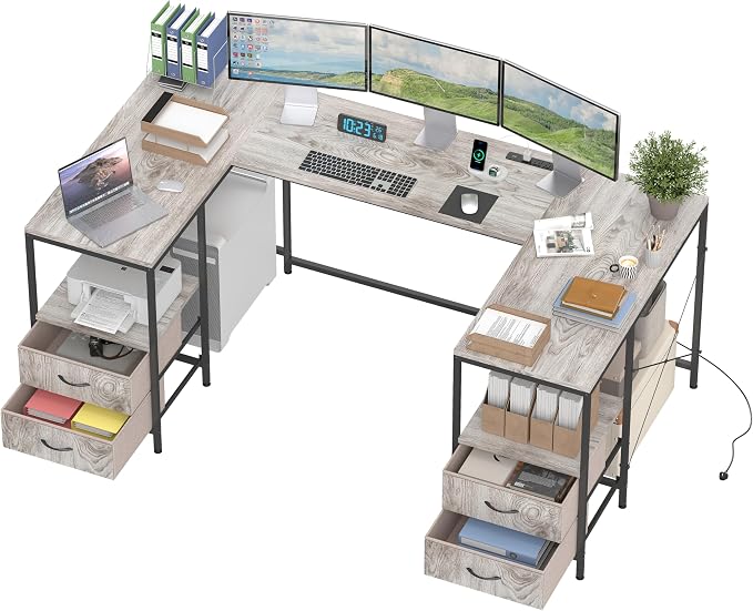 YOSHOOT 67" U Shaped Computer Desk, Reversible L Shaped Gaming Desk | Corner Desk with Power Outlets, 4 Drawers, 2 Storage Shelf, Computer Table with 4 Installation Methods, Grey by YOSHOOT