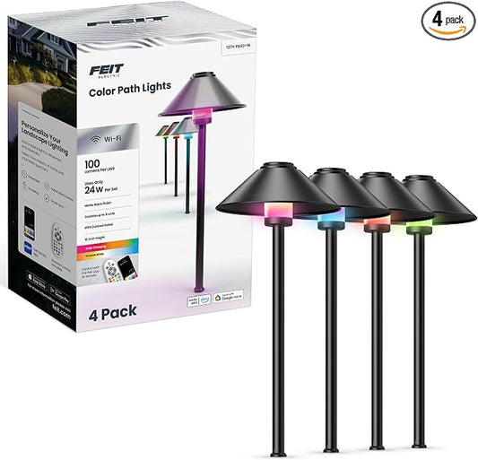 Feit Electric Smart Outdoor Cone Path Lights, 100 Lumens, Color Changing & Tunable White, Music Sync, Works with Alexa & Google Home, App & Remote Control, 15,000-Hour Lifetime, PATH/RGBW/AG/4, 4-Pack by FeitElectricCompany