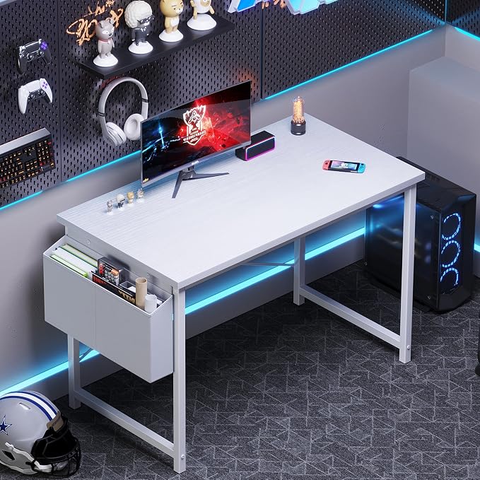 OLIXIS Computer Desk, 44 Inch Gaming Desks for Home Office Small Spaces | Writing Study Craft Work Table, Computer Workstation for Bedroom with Storage Bag, All White - Image 4