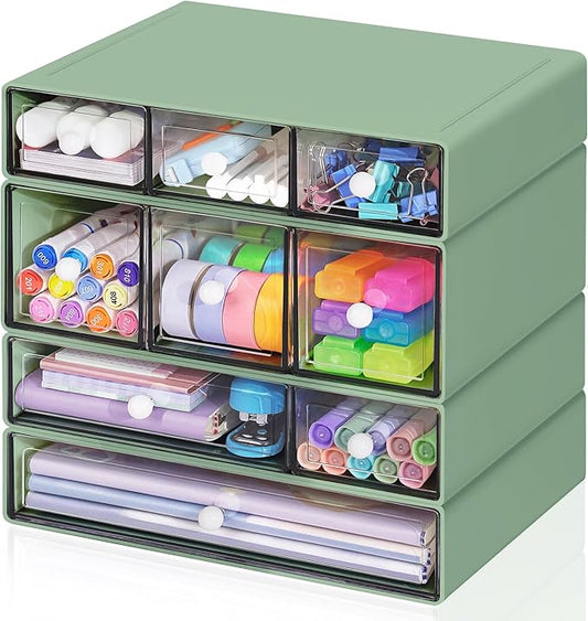 Desk Storage Organizer with 9 Drawers, 4 Tiers Stackable Desktop Craft Storage Drawers, Clear Storage Box Caddy for Stationary Makeup Jewelry Office Craft Supplies (Green) by FODIENS